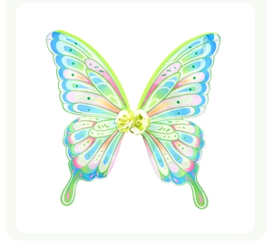 Detail of colorful gradient Easter butterfly wings with decorative green fabric flowers