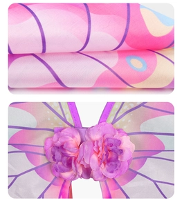 Detail of pink and purple butterfly wings featuring fabric roses and printed textures