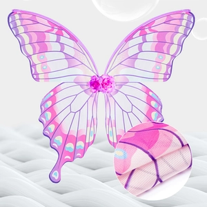 Detail of pink and purple butterfly wings showing mesh fabric texture and floral decor