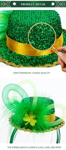 Détails de la texture des paillettes et plume verte sur mini haut-de-forme trèfle Saint-Patrick