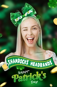 Close-up of Saint Patrick's Day headband with large green sequin bow and shamrock details