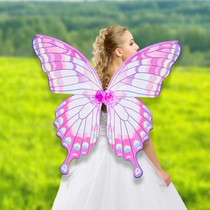 Detailed pink and purple butterfly wings featuring intricate patterns and a central silk flower