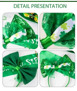 Detail of St. Patrick's Day green sequin bow headband and clover sash with sharp textures