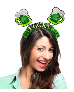 Détail du serre-tête Saint-Patrick avec des chopes de bière trèfle et paillettes d'or