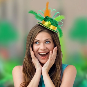 Serre-tête Mini Haut-de-Forme Saint-Patrick Avec Plumes Vertes Trèfle Paillettes Chapeau Farfadet Accessoire de Fête