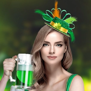 Serre-tête mini chapeau Saint-Patrick avec paillettes vertes, trèfle et plumes festives