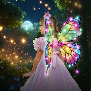 Close-up of glowing LED butterfly wings with colorful gradient for kids' cosplay costume