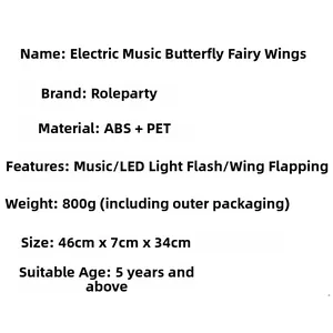 Technical specifications for electric fairy butterfly wings with LED and music features