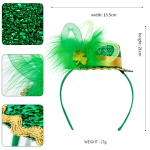 Serre-tête mini chapeau vert de la Saint-Patrick avec trèfle et plumes étincelantes
