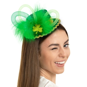 Cerchietto con mini cilindro per San Patrizio con piume verdi e dettaglio trifoglio