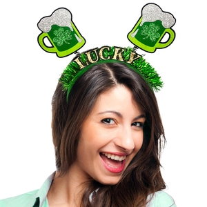 Serre-tête Saint-Patrick vert avec tasses de bière scintillantes et texte Lucky