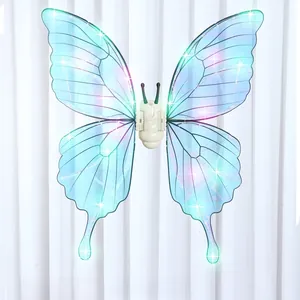 Macro shot of electric butterfly wings with glowing LED lights and translucent blue film