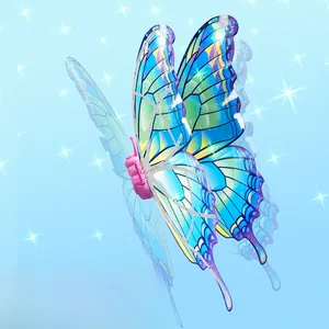 Detailed close-up of electric butterfly wings with gradient teal and purple translucent film