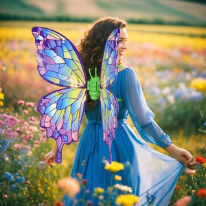 Detail of electric glowing butterfly wings with iridescent gradient on a fairy costume