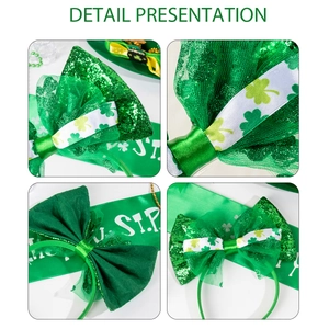 Saint Patrick's Day headband with green sequin bow and shamrock print satin sash set