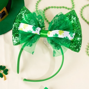 St. Patrick's Day green sequin bow headband with shamrock print for festive party