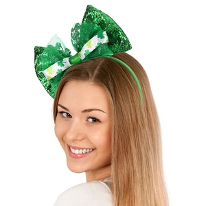 Saint Patrick's Day green sequin bow headband featuring festive clover shamrock patterns