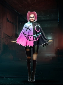 Detailed view of Harley Quinn style cape with graffiti patterns for Halloween cosplay