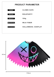 Detailed dimensions of Halloween clown cape in purple and pink gradient with face print