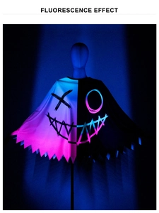 Detail of Halloween cosplay cloak with fluorescent devil face print and jagged edge design