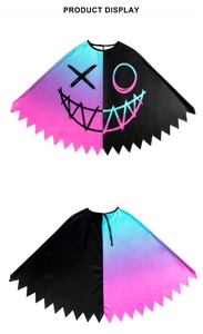 Detail of Halloween Harlequin cloak with blue purple gradient and demon smile graffiti