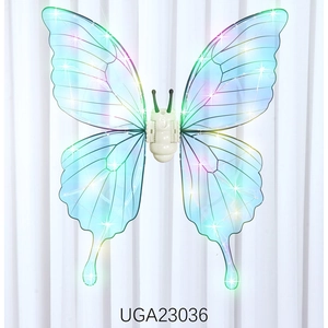 Close-up of electric glowing fairy wings with blue translucent film and LED lights