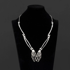 Gothic silver skeletal hand heart necklace for Halloween party costume jewelry