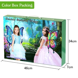 Detailed packaging view showing electric butterfly wings toy with dimensions and light features