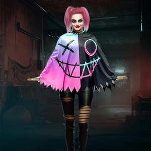Harley Quinn inspired bicolor cosplay cape for Halloween parties with vibrant neon graphics