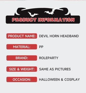 Detailed product info card for Halloween devil horn headband made of durable PP plastic