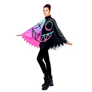 Harley Quinn style split color hooded cape with graffiti face and jagged hem