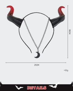 Detail view of red and black devil horn headband with size and weight measurements