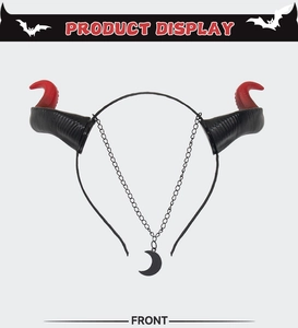 Close-up of Halloween ox horn headband with black-red gradient and crescent moon charm