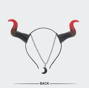 Detailed back view of Halloween devil horns headband with crescent moon chain pendant