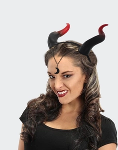 Detail of red and black devil horn headband with moon pendant for Halloween cosplay