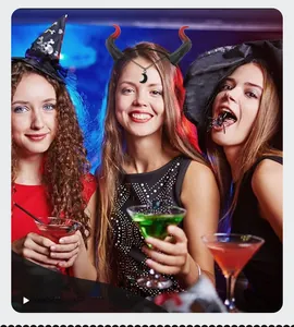 Halloween devil horn headband with red-black gradient and dangling crescent moon charms