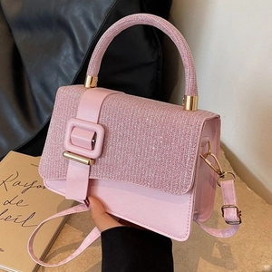 Pink glitter and faux leather small square handbag with golden buckle and strap