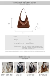Size chart showing large and small tote bag dimensions in cm with material details