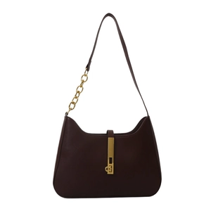 Brown leather crescent hobo bag with gold hardware and chain strap on white background