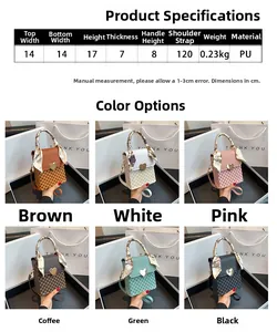 Detailed size guide and color options for checkerboard mini crossbody bag with silk handle