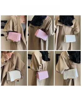 Multiple views of women's V-quilted chain bag showing shoulder and crossbody styling