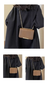 Three-way view of a caramel quilted chain bag worn by a model in a black coat