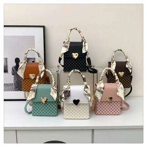 Women PU Leather Crossbody Bag Vintage Checkered Small Square Handbag Heart Lock Satin Scarf Handle Elegant Fashion