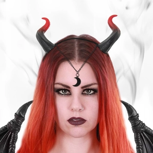 Devil Horn Headband Halloween Cosplay Accessory Red Black Gradient Gothic Hair Hoop With Moon Pendant Metal Chain