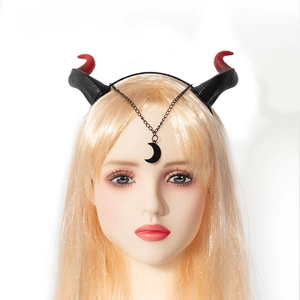 Halloween devil horn headband with black and red gradient and crescent moon pendant