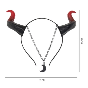 Halloween devil horn headband with red-black gradient and moon pendant accessory