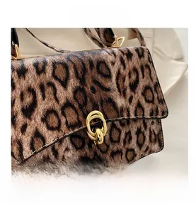 Close-up of leopard print handbag with metallic interlocking double rings buckle detail