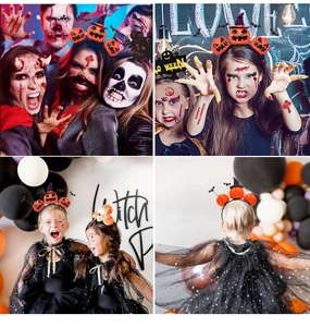 Collage van Halloween haarbanden met pompoen en vleermuis details voor verkleedfeestjes