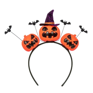 Halloween hoofdband met oranje pompoenen, een paarse heksenhoed en zwarte vleermuizen