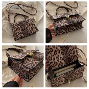 Detailed views of leopard print crossbody bag with gold-tone metal lock and carry handle